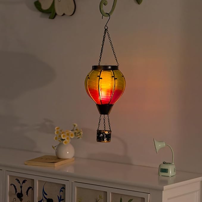 Hot Air Balloon Solar Lantern with Flickering Flame, Glass Outdoor Lantern Waterproof Hanging Lamp Decor for Patio, Porch, Garden(Green & Purple)
