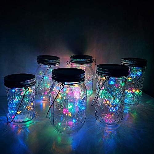 Solar Mason Jar Lights, 6 Pack 10 LED Jar Lid String Lights with 6 Hangers(No Jars), Waterproof Fairy Firefly Light for Garden, Patio, Outdoor, Yard, Lawn Decor(4 Colors)