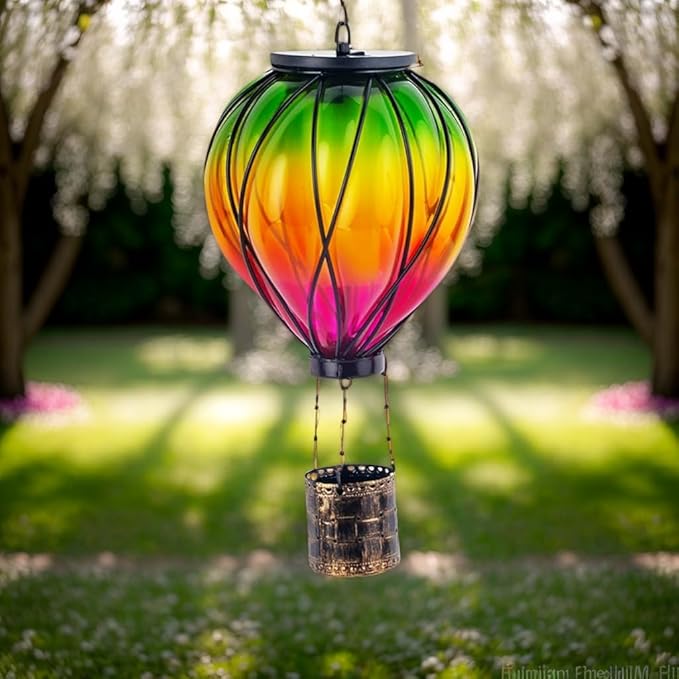 2PCS Colorful Solar Hot Air Balloon Lanterns with Flickering Flame LED Glass Hot Air Balloon Solar Lanterns Outdoor Waterproof Hanging Lights for Yard Garden Decor Mother Day Gifts for Women