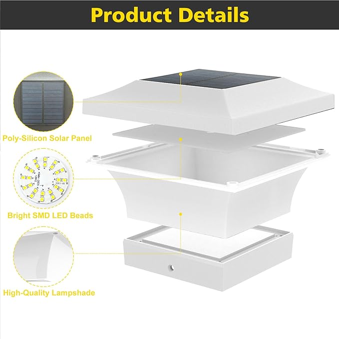 T-SUN Solar Post Cap Lights, Waterproof Outdoor Solar Powered Deck Fence Post Lights for 4 X 4 Wooden/Vinyl Posts, 3000K Warm White Lighting Decor for Deck, Patio, Garden, Porch, Fence(White - 2 Pack)