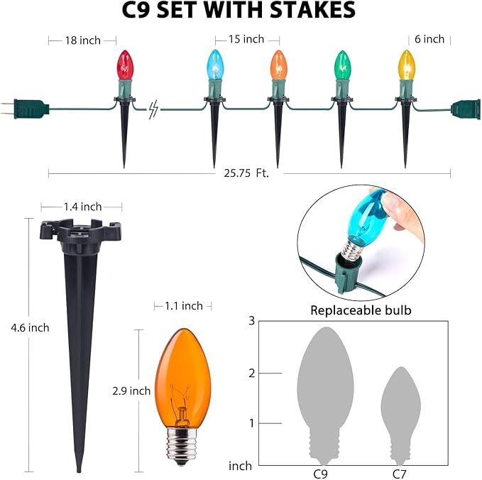 C9 Christmas Lights Outdoor, 25.7ft 20 Bulb Pathway Lights with Stakes, Multicolor