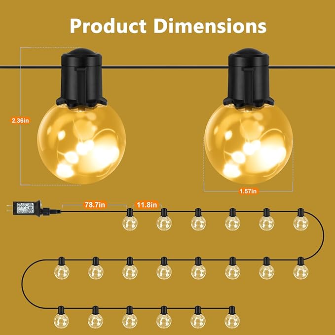 Outdoor String Lights, 25ft 20 LED Bulbs Hanging Patio Lights Dimmable with Timer & Remote, Globe Bulb Shatterproof & Waterproof for Outdoor Indoor Patio Backyard Balcony Decor - Warm White