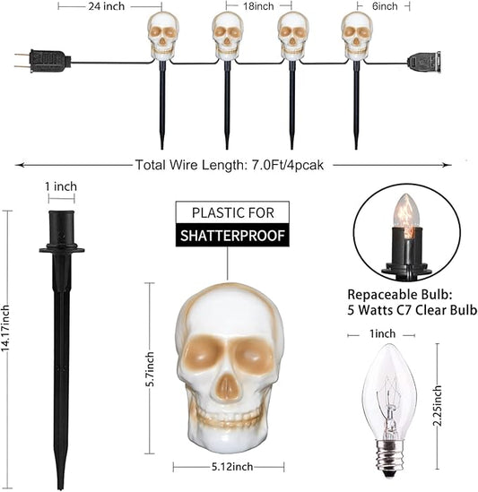 C7 Halloween Skull Pathway Stake Lights, 7 Ft Halloween Pathway String Lights with 4 C7 Bulbs, Stake, Halloweens Decorations Driveway Markers Lights for Outdoor Holiday Garden Walkway Party Lighting
