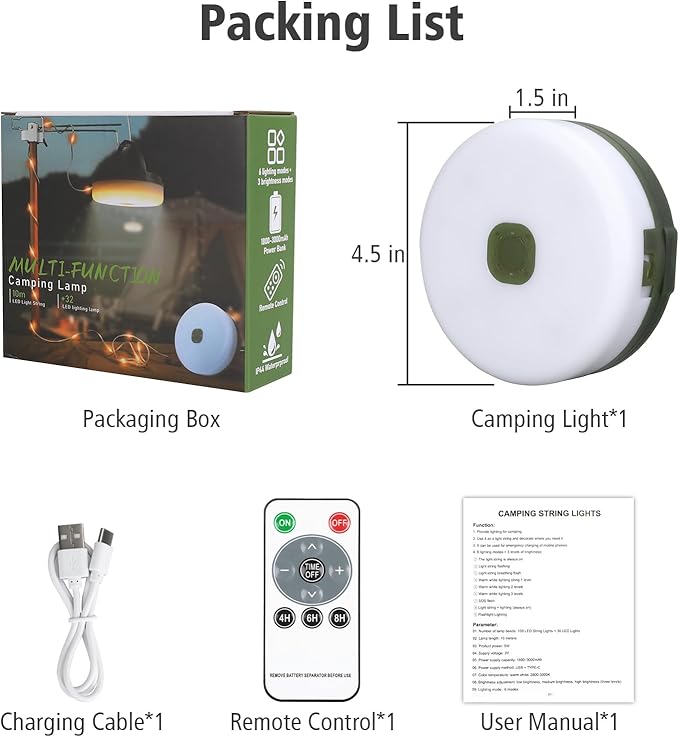 Camping String Lights 33ft 100LED, 4 in 1 Rechargeable 100LED Outdoor Tent String Lights with 14 Lighting Modes Remote Control Waterproof with Timer Function for Camping Gear Essentials Hiking Garden