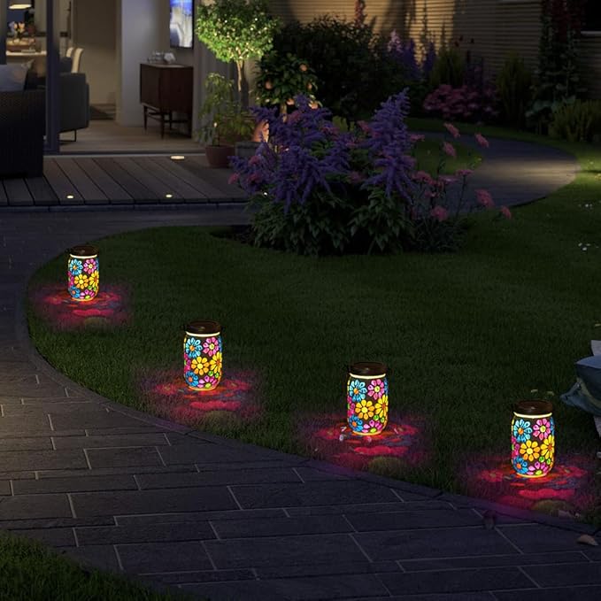 Stargarden 4Pack Mosaic Solar Lantern ,Mosaic Lights ,Outdoor Hanging Jar Lights ,Waterproof Solar Lamps for Tree, Garden, Patio, Yard, Outdoor(Flower)