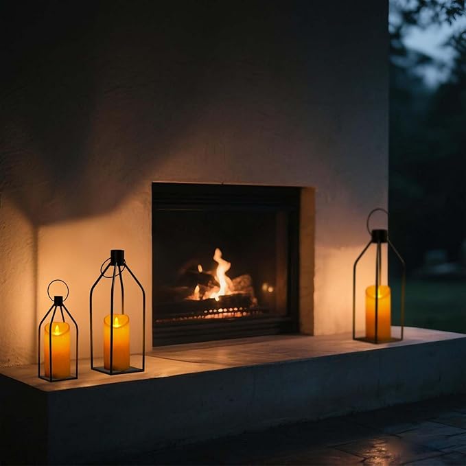 Set of 3 Decorative Lanterns (19"/16"/13") - Black Metal Indoor Outdoor Lanterns with Flickering LED Candles, Front Entrance Decor for Home Wedding Christmas