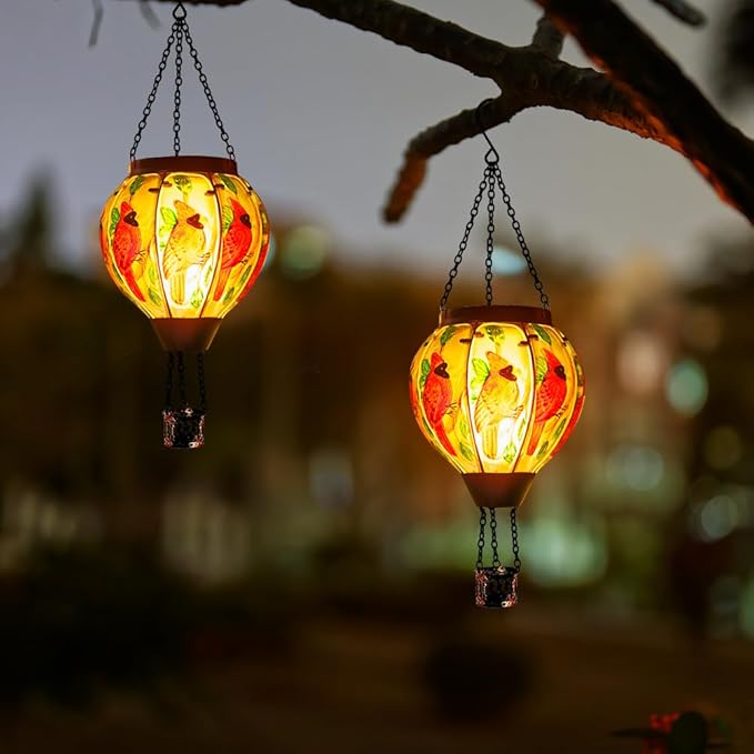 2 PCS Cardinal Hot Air Balloon Solar Lantern with Flickering Flame Light,Glass Hanging Solar Lights Outdoor Waterproof for Patio Yard Party Gift Decor