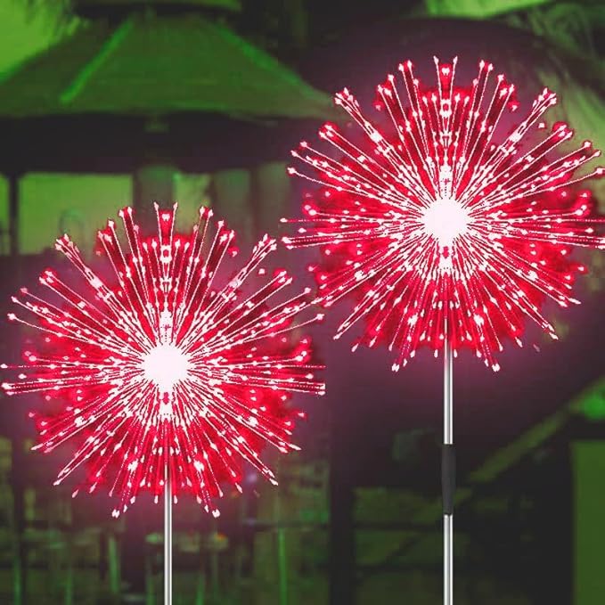 JJGoo Solar Firework Lights, 2 Pack 180 LEDs 2 Lighting Modes Solar Lights Outdoor Waterproof for Garden Patio Walkway Pathway Party Wedding Christmas Decorative - Red