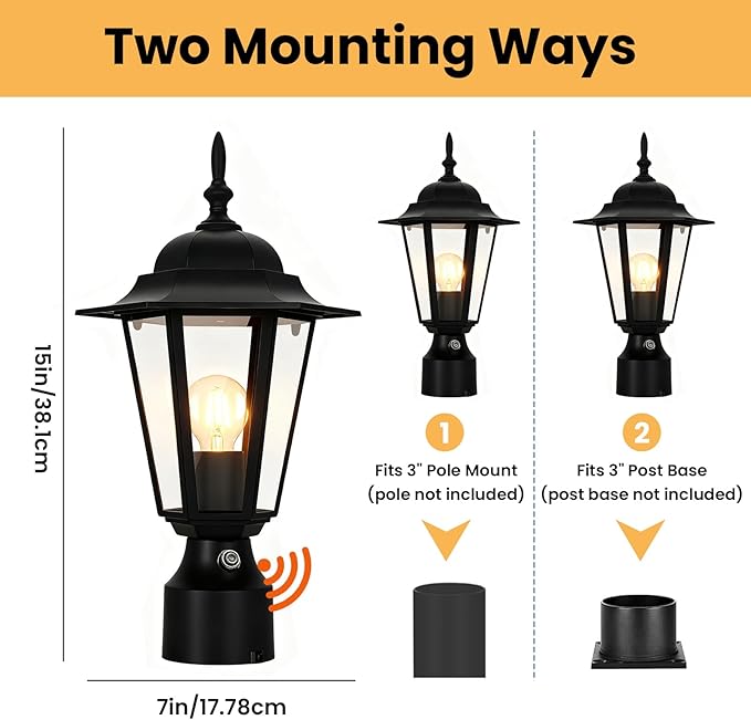 15" Dusk to Dawn Outdoor Post Light, Modern Black Outdoor Lamp Post Light Fixture, Lamp Posts Exterior Lighting Pole Lantern for Outside Porch Garage Street, Waterproof Aluminum & Glass, 1 Pack, E26