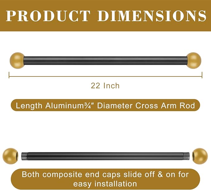 Canomo 22 Inch Improved Lamp Post Cross Arm Ladder Rest with 1-3/8 Inches Threaded Metal Ball Cap for Outdoor Lamp Posts and Poles, Black Bar with Brass Caps