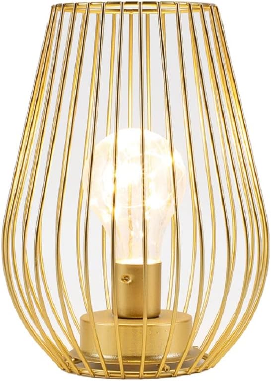 TRIROCKS Metal Battery Operated Lamp 8'' Tall Cage Shape Cordless Table Lantern with Warm Fairy Lights Bulb for Thanksgiving Christmas Patio Garden Wedding Parties Indoor Outdoor (Golden)
