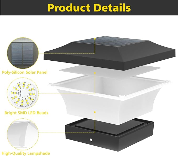 T-SUN Solar Post Lights, Waterproof Outdoor Solar Post Cap Lights for 4 X 4 Wooden Posts, 6000K White LED Lighting, Deck, Patio Garden Decor or Fence(1 Pack)
