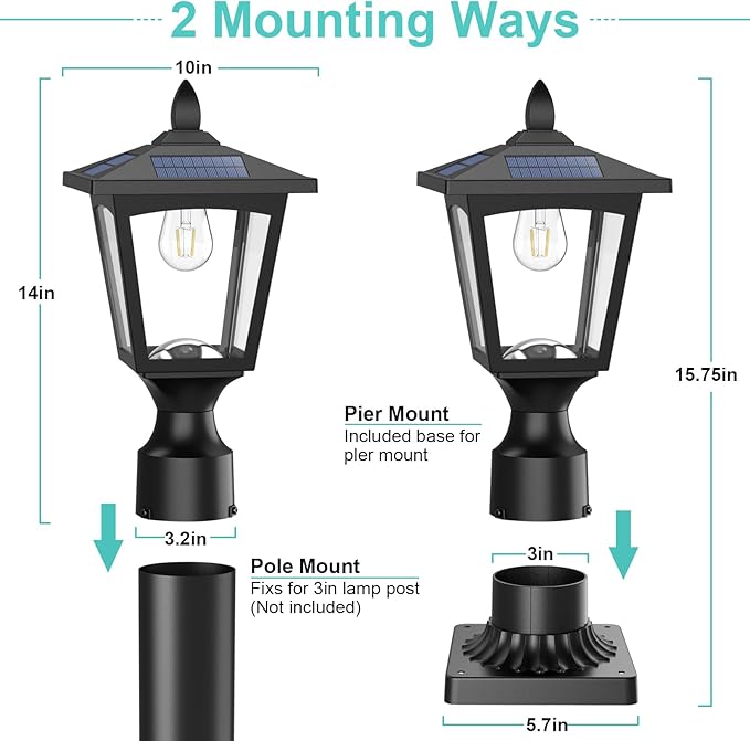 Greluna Solar Lamp Post Lights Outdoor, 3000K Dusk to Dawn Waterproof Post Lights with Pier Mount Base, Decorative Solar Lamp for Garden, Yard, Landscape, Pole, Pillar(Warm White)