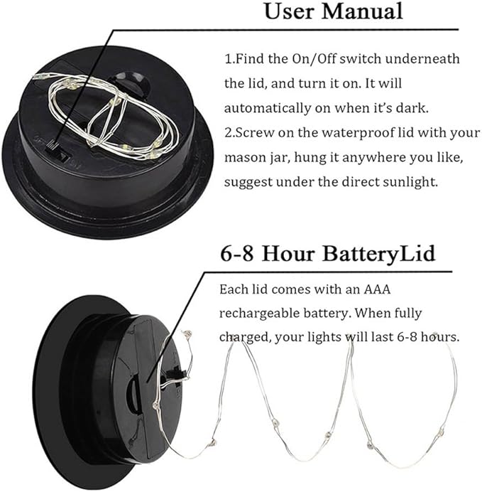 Miaro 6 Pack Mason Jar Lights, 20 LED Solar Warm White Fairy String Lights Lids Insert for Garden Deck Patio Party Wedding Christmas Decorative Lighting Fit for Regular Mouth Jars with Hangers