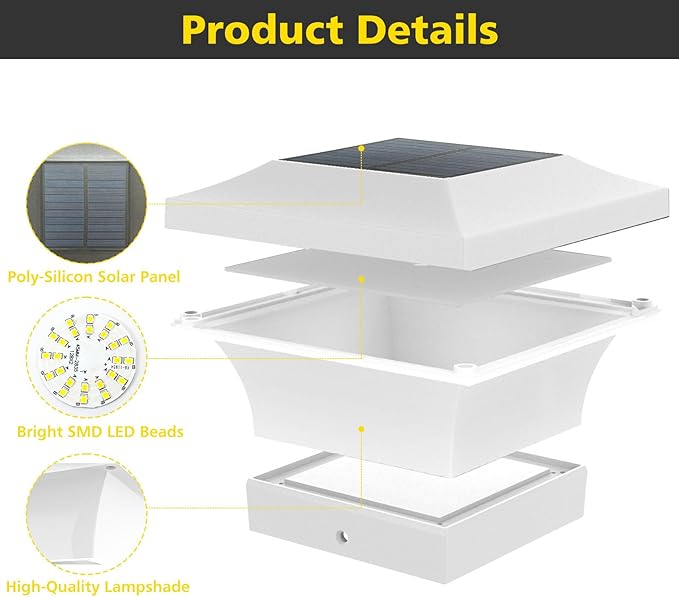 T-SUN Solar Post Cap Lights, Waterproof Outdoor Solar Powered Deck Fence Post Lights for 4 X 4 Wooden/Vinyl Posts, 6000K Cool White Lighting Decor for Deck, Patio, Garden, Porch, Fence(White - 2 Pack)