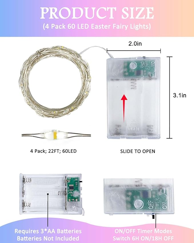 4 Pack 60LED Easter Fairy Lights Battery Operated with Timer, 20FT Waterproof Pastel Twinkle String Lights for Indoor Outdoor, Spring Easter Decorations for Bedroom, Birthday, Home, Party (Multicolor)