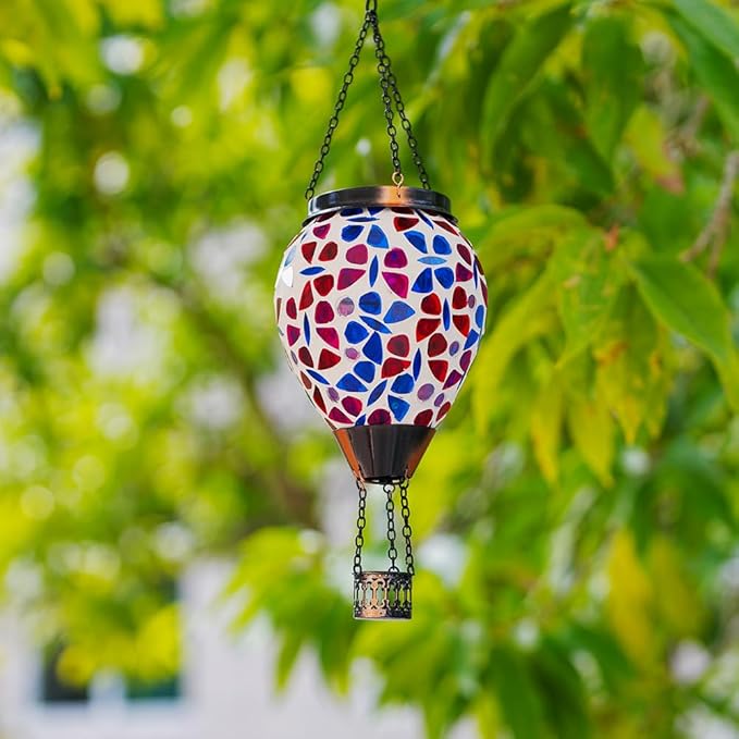 Mosica Hot Air Balloon Solar Lantern, Glass Hanging Solars Lanterns Outdoor Waterproof Decorative Solar Light for Garden, Yard, Patio Decor(Butterfly Pattern)
