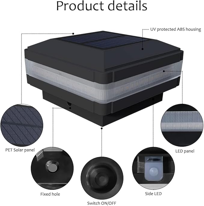 Sumaote Solar Post Cap Light, 52 LEDs 160 Lumen Outdoor Solar Post Light Fits 4x4 5x5 6x6 Wooden Posts IP65 Deck Fence Lights Platform Garden Patio 6000K White Lighting, Black Shell, 4 Pack