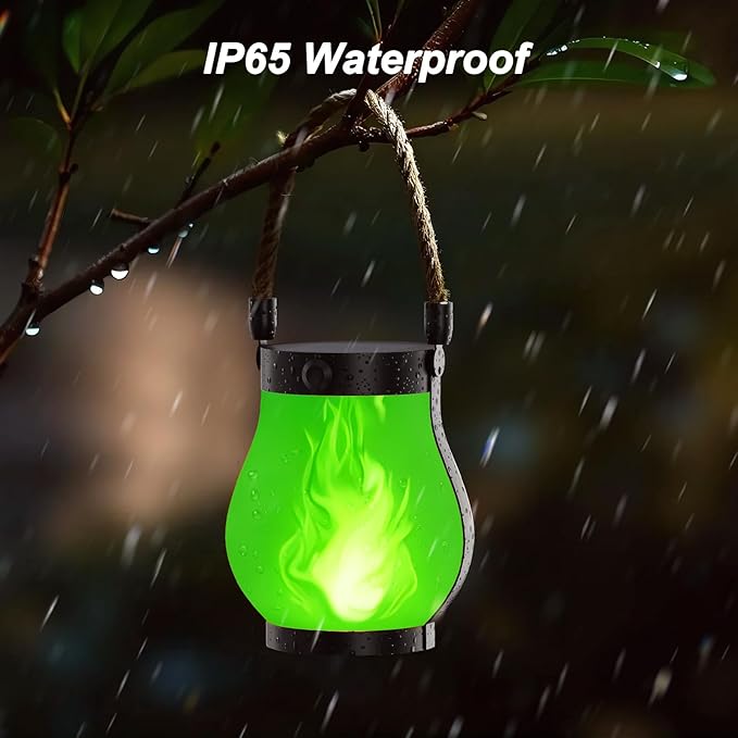 Hompavo Gen2 Solar Lanterns Outdoor with Ultra-Real Flame, Dual Charging (USB/Solar) & 2 Modes - Waterproof Decorative Hanging/Table Lights for Patio Garden Halloween Christmas Decorations, 2/Green