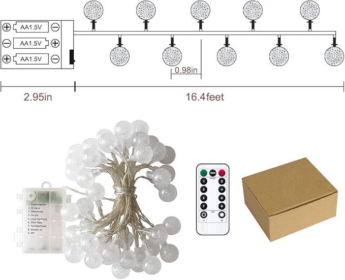 Metaku Globe String Lights Fairy Lights Battery Operated 16.4ft 50LED String Lights with Remote Waterproof Indoor Outdoor Hanging Lights Decorative Christmas Lights for Home Party Patio Garden Wedding