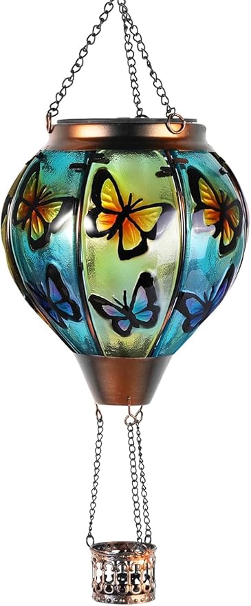 Larekook Butterfly Solar Hot Air Balloon Lantern with Flickering Flame,Glass Hot Air Balloon Solar Lanterns Outdoor Waterproof Hanging Light for Patio Porch Yard Garden Decor,Birthday Gifts for Women
