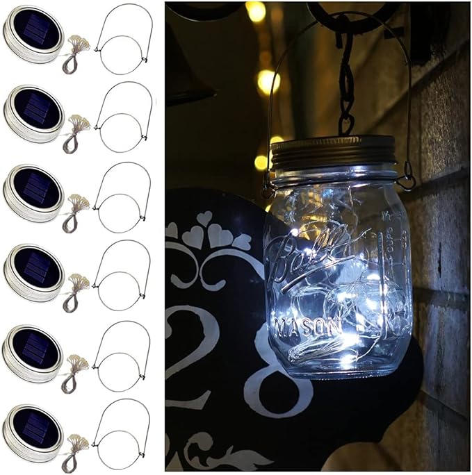 Solar Mason Jar Lights, 6 Pack 20 LED Fairy String Lights with 6 Hangers (No Jars), Waterproof Firefly Lights Lantern for Outdoor, Wedding, Patio, Garden, Party, Christmas Decor (Cold White)