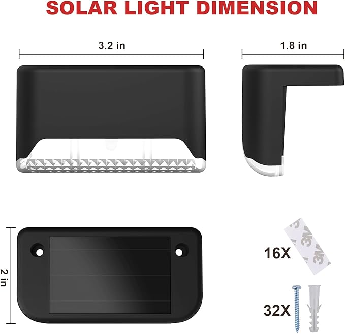 pearlstar 16 Pack Solar Step Lights,Solar Deck Railing Lights Outdoor Waterproof Led Fence Lamp for Patio,Stairs,Garden Pathway,Balcony,Step and Fences(Black)