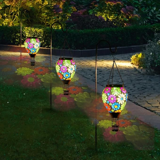 Starsoul Mosaic Flowers Hot Air Balloon Solar Lantern Glass Outdoor Hanging Hot Air Balloon Solar Flickering Flame Light Waterproof Garden Patio Yard Party Decorations Gifts for Women