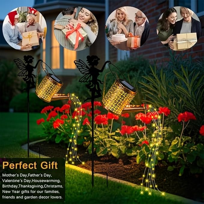Solar Watering Can Light Garden Decorations Outdoor Weatherproof Shower Lights - Large Retro Metal Lantern Hanging Star Flashing Led Fairy Art Decorative Lamp for Gifts for Mom Grandma Women Birthday
