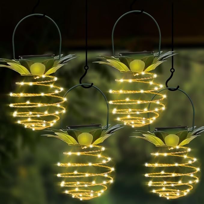 4 Pack Outdoor Solar Hanging Lantern Lights - 60LED Waterproof Solar Pineapple Light Outdoor for Garden,Yard Porch Lawn Backyard Landscape Pathway Patio Outside Gardening
