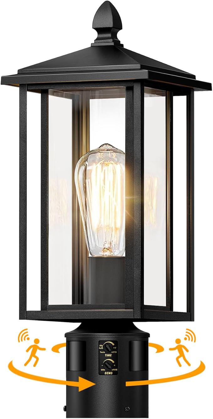 17" Motion Sensor Outdoor Post Lights, Dusk to Dawn Lamp Post Light Fixture with Tempered Glass, Waterproof Aluminum Pole Lights Outdoor, Outside Lamp Posts Outdoor Lighting for Garden Yard Pathway