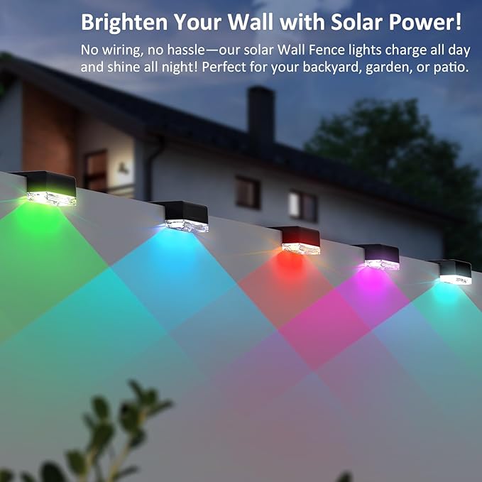 12PK Solar Fence Lights Outdoor Waterproof LED - Warm White & RGB 6 Color, Dusk to Dawn Deck Light, IP65 Waterproof Garden Lights for Outside/Backyard/Railing/Step/Patio/Wall
