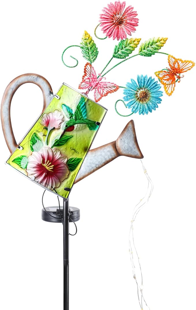 Bshine Solar Watering Can Light, Hummingbird Metal Solar Light, Waterproof Outdoor Garden Decor for Porch Path Lawn Yard Art, Gardening Gift for Women, Mom Birthday, Outdoor Valentine's Day Decor