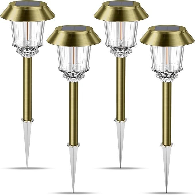 XMCOSY+ Solar Pathway Lights Outdoor - 4 Pack Auto On/Off 10-40 LM Dimmable Waterproof Outdoor Solar Lights for Yard Pathway Garden Driveway Walkway (Bronze)
