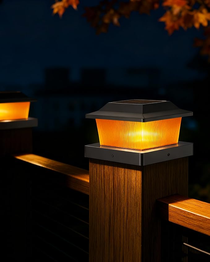 Solar Post Cap Lights Outdoor for 3.5x3.5 4x4 5x5 Wood/Vinyl Posts, 2 Pack Fence Post Solar Lights with Flickering Flame & Warm Modes for Deck/Garden/Patio, IP65 Waterproof - Black