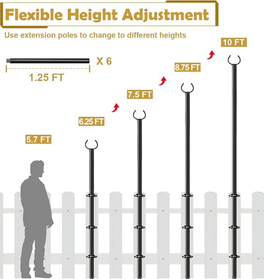 10 FT Outdoor String Light Pole Stand for Deck Fence or Patio Railing, Adjustable Globe Patio Light Post for Hanging Outside Decorate Lighting, 1 Pack