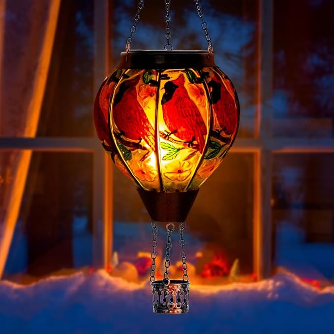 DREAMSOUL Cardinal Hot Air Balloon Solar Lantern, Hanging Solar Lanterns Outdoor with Flickering Flame Light, Glass Outdoor Lantern Waterproof for Patio Yard Party Gift Decor