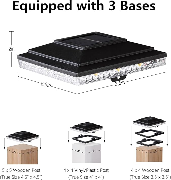 HUYIENO Solar Post Cap Lights,Outdoor Deck Fence Post Lights,Powerful Lithium Battery 20Lumens Two Light Modes Warm White/Bright White Suitable for 4x4 5x5 Wooden Posts,4x4 Viny Posts (Black, 12pk)