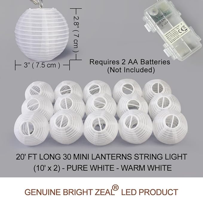 Bright Zeal 20' Long 30 LED Lanterns String Lights Battery Powered - Indoor Outdoor 3" White Silk-Like Cloth Round LED Lanterns String Decoration - Mini Ball Lights for Yard Bedroom Wedding Décor