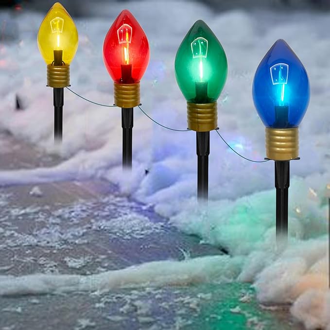 Jumbo C9 Christmas Pathway Lights Outdoor, 2 Pack 7Ft Christmas Decorations String Lights with 8 LED Jumbo Multicolor Bulb Marker Stakes Lights for Outdoor Walkway Lawn Yard Garden