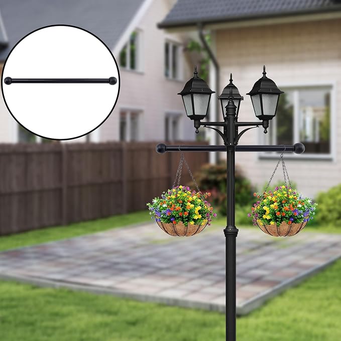 Geesatis 1Pcs Lamp Post Cross Arm Ladder Rest,Cross Arm Replacement for Outdoor Lamp Posts Pole Light,Small Bronze Ball Cross arm Handle Replacement,Black Bar with Black Caps