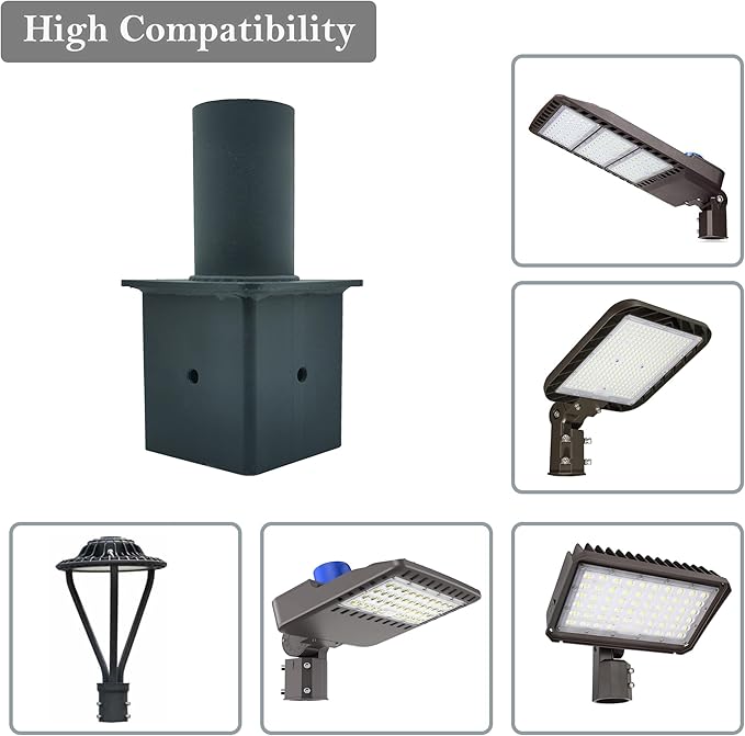 Light Pole Tenon Adapter for 4 Inch Square Pole, Metal 3.5" Square Slip Fitter Adapter with 2 3/8 Round Adaptor for Parking Lot Light, Outdoor Mount Bracket, Street Lights (4" Square Tenon Adapter)