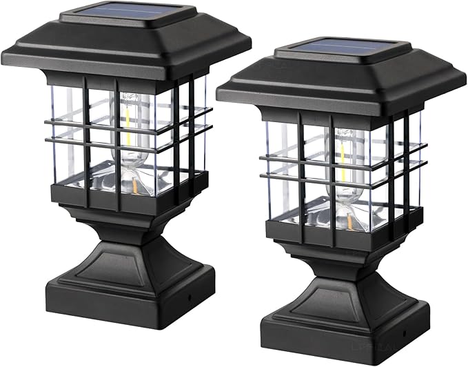 Solar Post Lights Outdoor Solar Cap Lights Deck Fence Cap for 4x4 5x5 6x6 Posts Patio Garden Courtyard Decoration Fixture Waterproof Warm White Lighting Black (2)