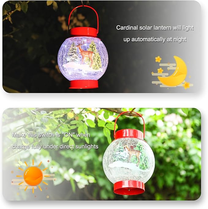 MUMTOP Solar Lantern Christmas Reindeer Light, Crackle Glass Christmas Lanterns Hanging Solar Lights Outdoor LED Waterproof Tabletop Lamp for Table Yard Garden Patio Lawn Christmas Decor