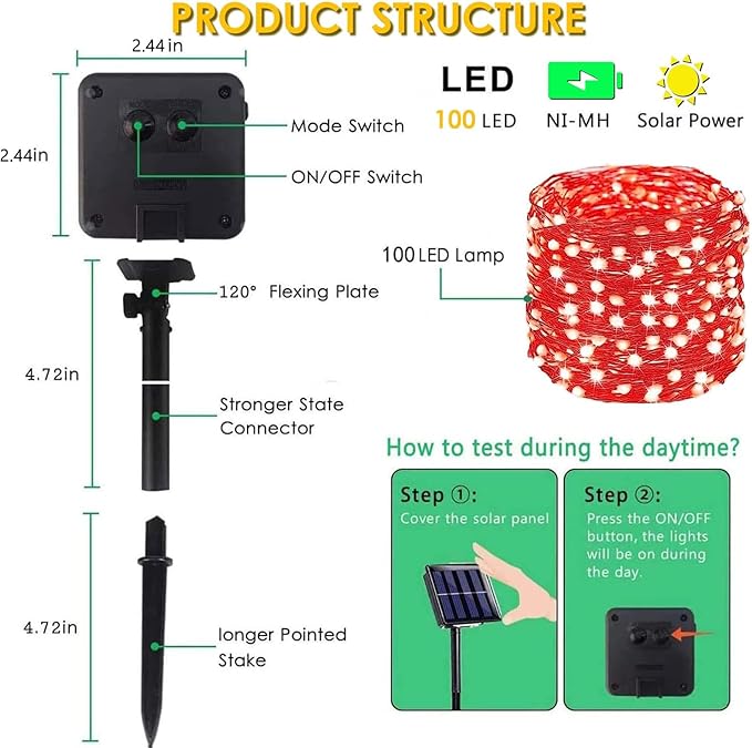 bhclight Solar String Lights Outdoor, 2-Pack Total 80FT 200 LED Solar Twinkle Lights Outside Waterproof Copper Wire 8 Modes Fairy Light for Festive Decoration Garden Tree Party Birthday Decor(Red)