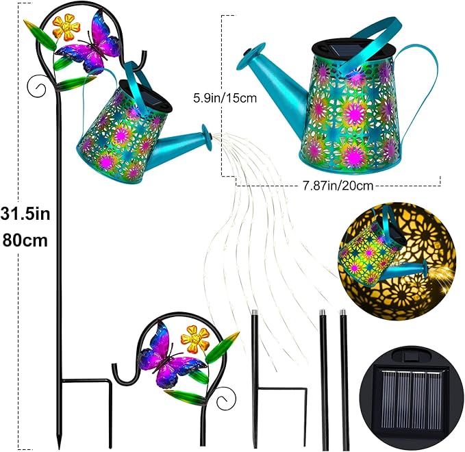 Solar Watering Can with Lights, Waterproof Solar Lantern with Butterfly Shepherd Hook, Hanging Garden Lights for Patio Yard Lawn Porch Outdoor Decoration, Unique Garden Gifts for Women Mom Birthday