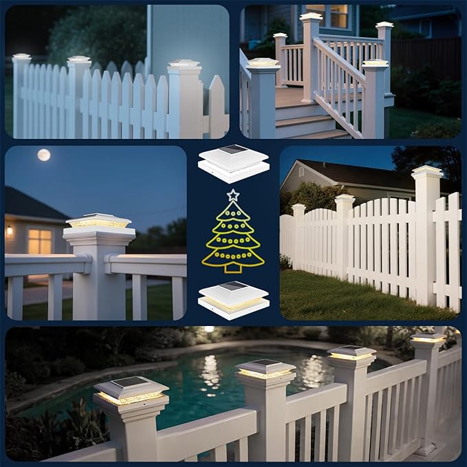 5x5 Solar Post Cap Lights Outdoor, 6 Pack 2 Modes (Warm/White Light) White Fence Post Solar Powered Deck Lights Waterproof for 5.5x5.5 Vinyl Posts Decorate Garden Deck Patio Porch