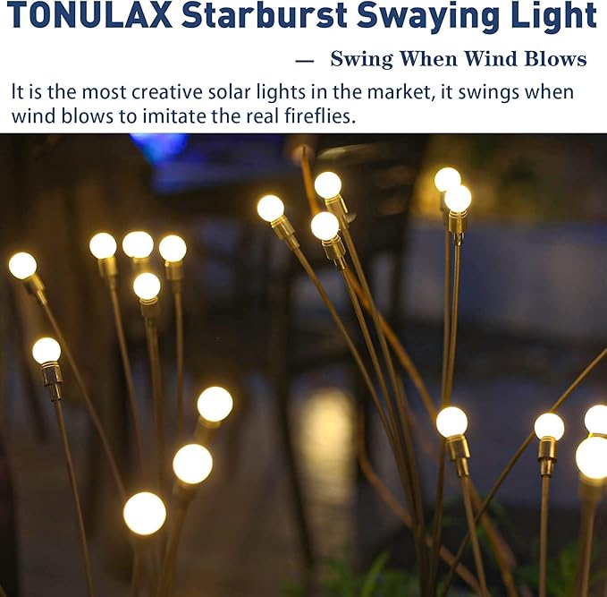 TONULAX Solar Garden Lights - Upgraded Solar Swaying Light, Sway by Wind, Outdoor Lights, Yard Patio Pathway Decoration, High Flexibility Iron Wire & Heavy Bulb Base, Warm White(12 Pack)