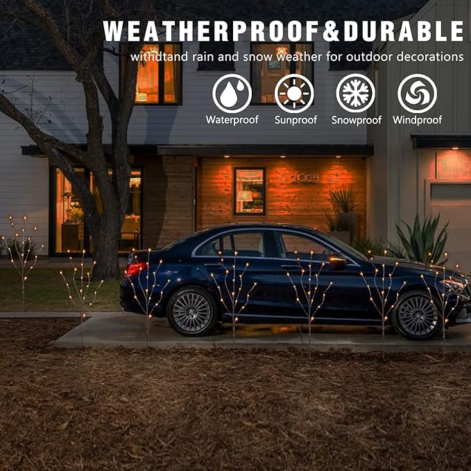 6PK Lighted Branches Brown Twig Stake with 120LED Warm White Lights, 30" Pathway Light for Outdoor and Indoor Use(Vase Excluded)