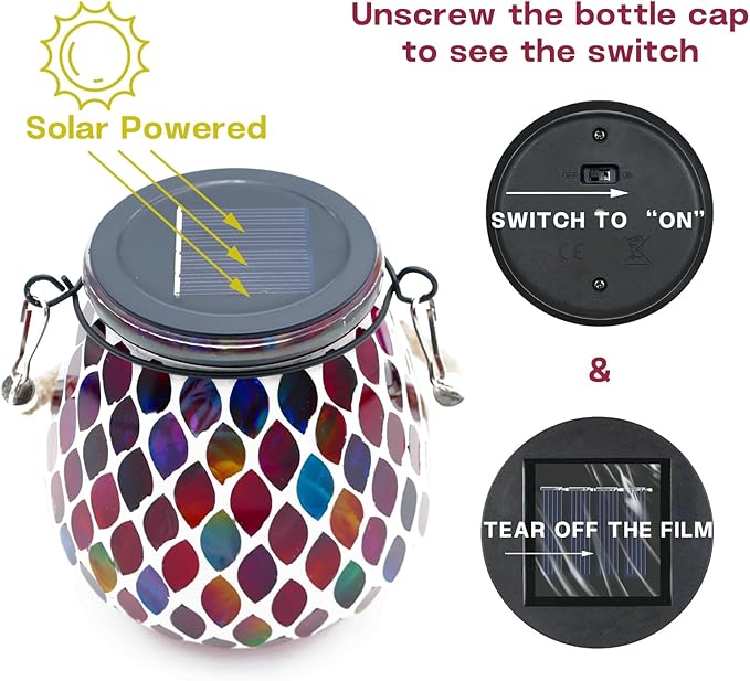 Mosaic Red Solar Lanterns, Outdoor Glass Hanging Lights, Waterproof, Solar Table Lamps, Christmas Gifts for Women Mom Grandma, Night Lights, Decoration for Garden, Patio, Yard, Party, Outdoor Decor